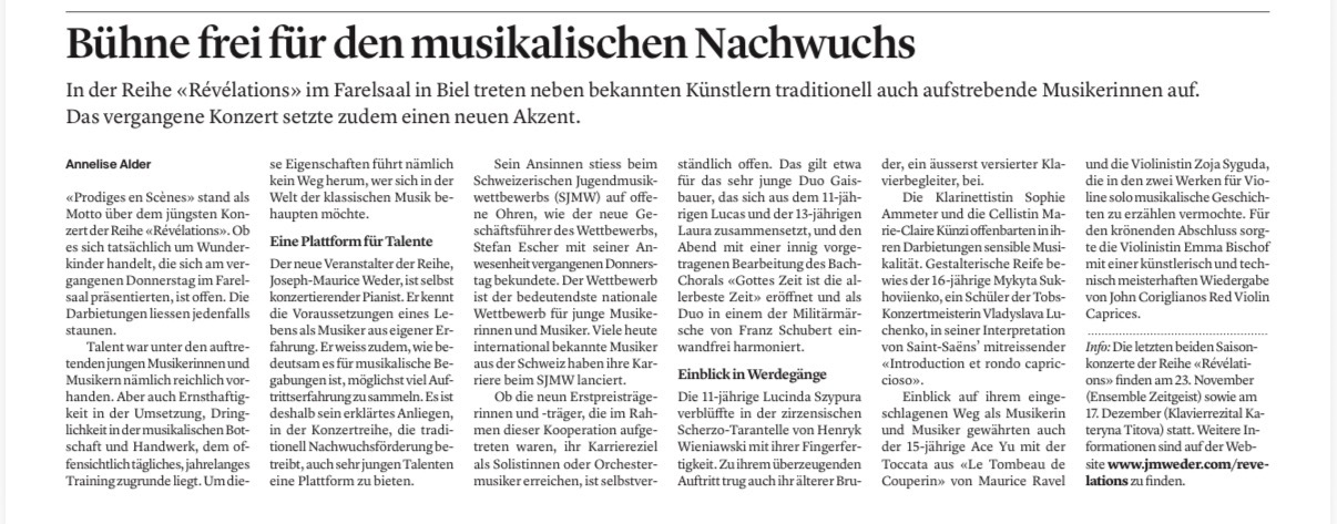 Zeitungsartikel «Bühne frei für den musikalischen Nachwuchs» im Bieler Tagblatt